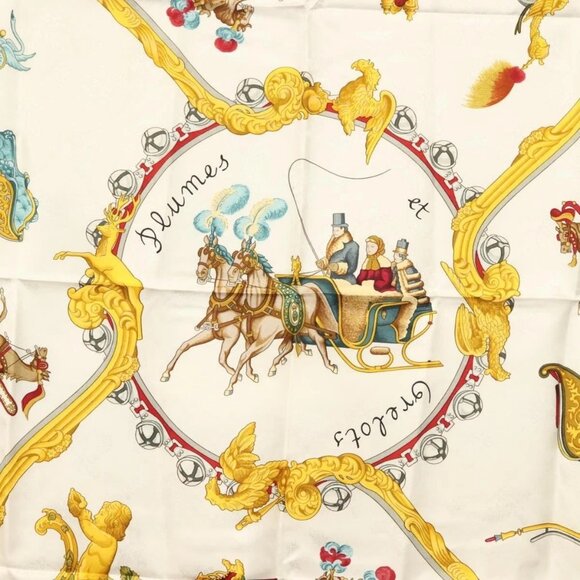 HERMES Carre 90 Scarf ""Plumes et Grelots"" Silk Navy - Picture 6 of 14